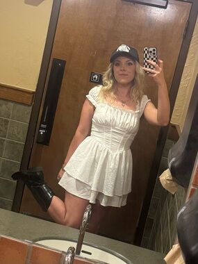 Women's White Ruffled Mini Dress   with Corset Bodice and built in shorts under.